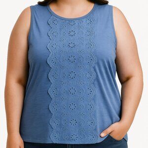 Talbots Blue Eyelet Lace Cotton Sleeveless Summer Tank Top Plus Size 3X
